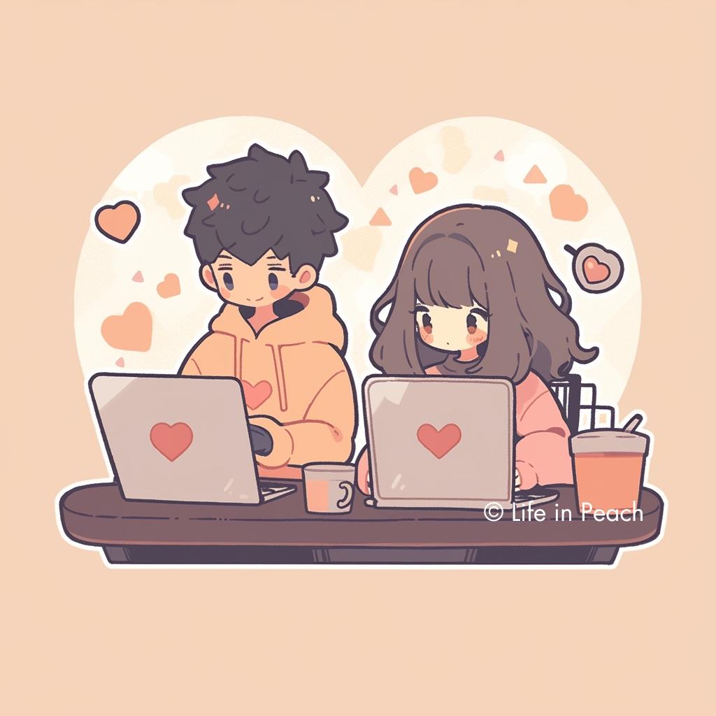 A man and a woman looking into their laptop with a hearts on their laptops and hearts surrounding them.